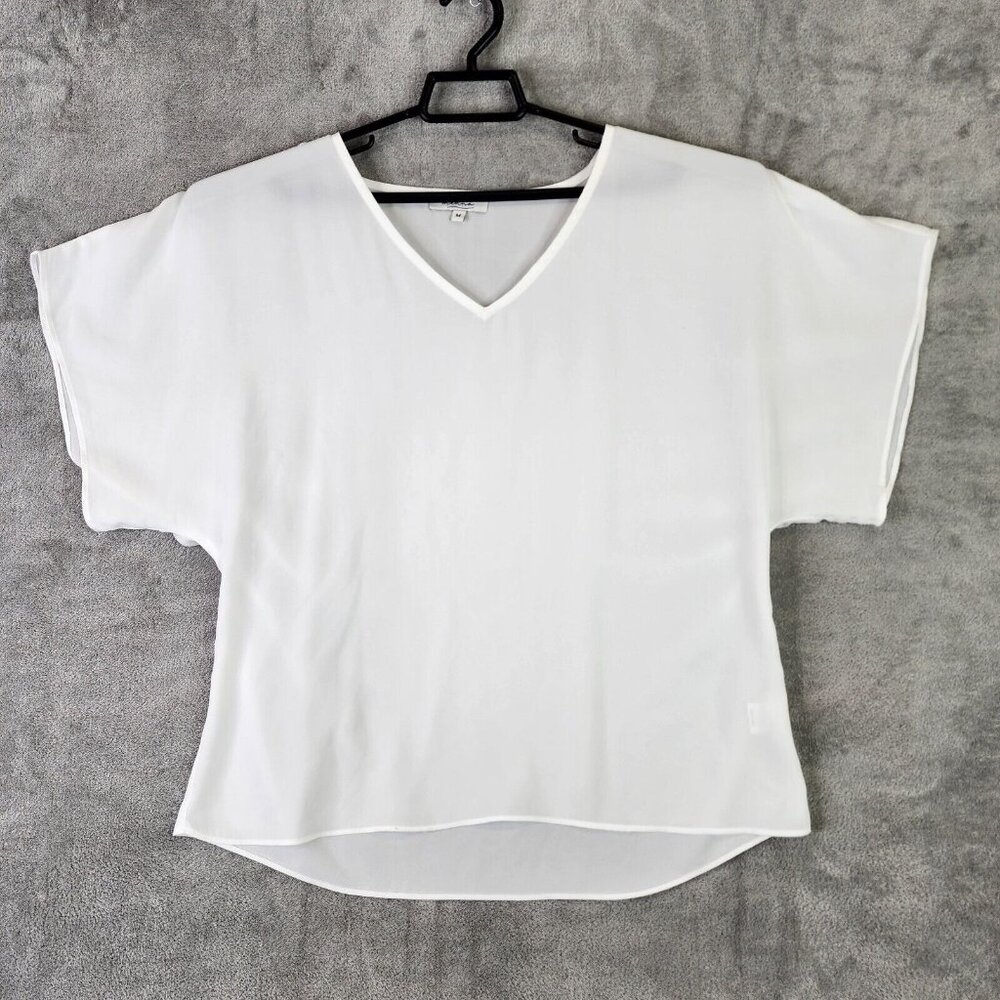 Womens White Minna Blouse Pullover V Neck Short Sleeve Size M